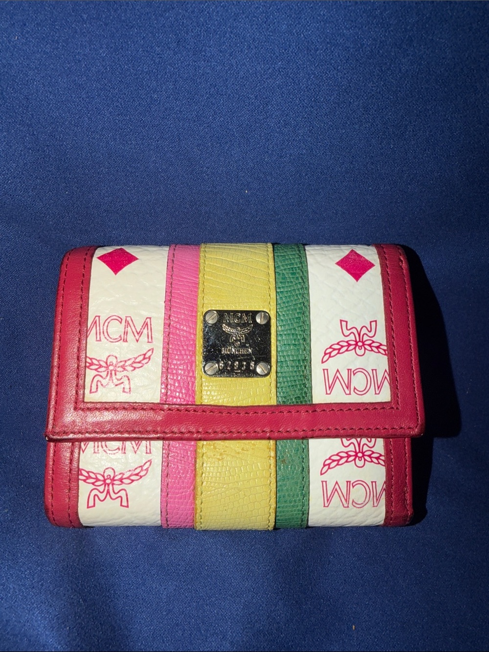 MCM Pink Yellow Green White Striped Leather Trifold Wallet